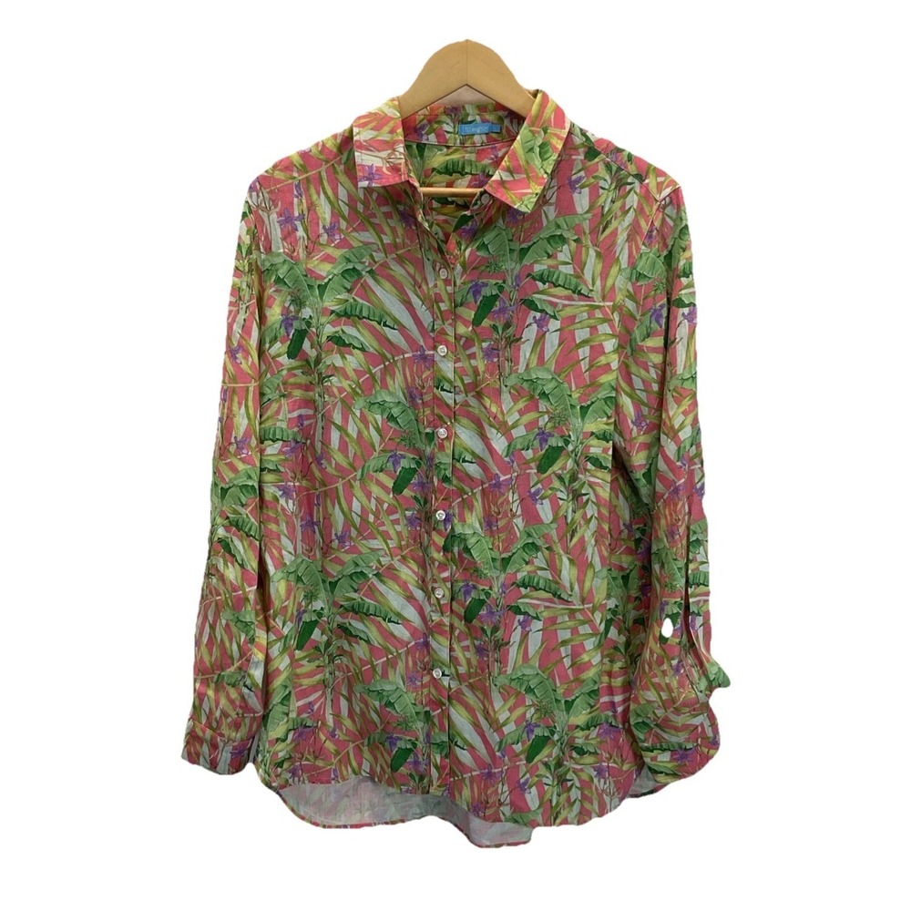 J. McLaughlin Womens Size L 100% Linen Top Button-Up Shirt Floral Long Sleeve